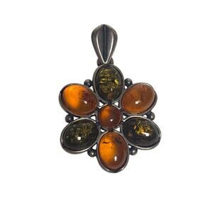 Baltic Amber Sterling Silver Pendant Mixed Cognac Green Flower Cluster Vintage